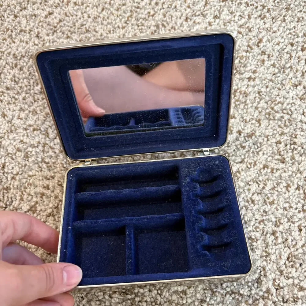 Vintage Silver-Plated Jewelry Box Gold Tone Bow, Blue Felt Interior with Mirror